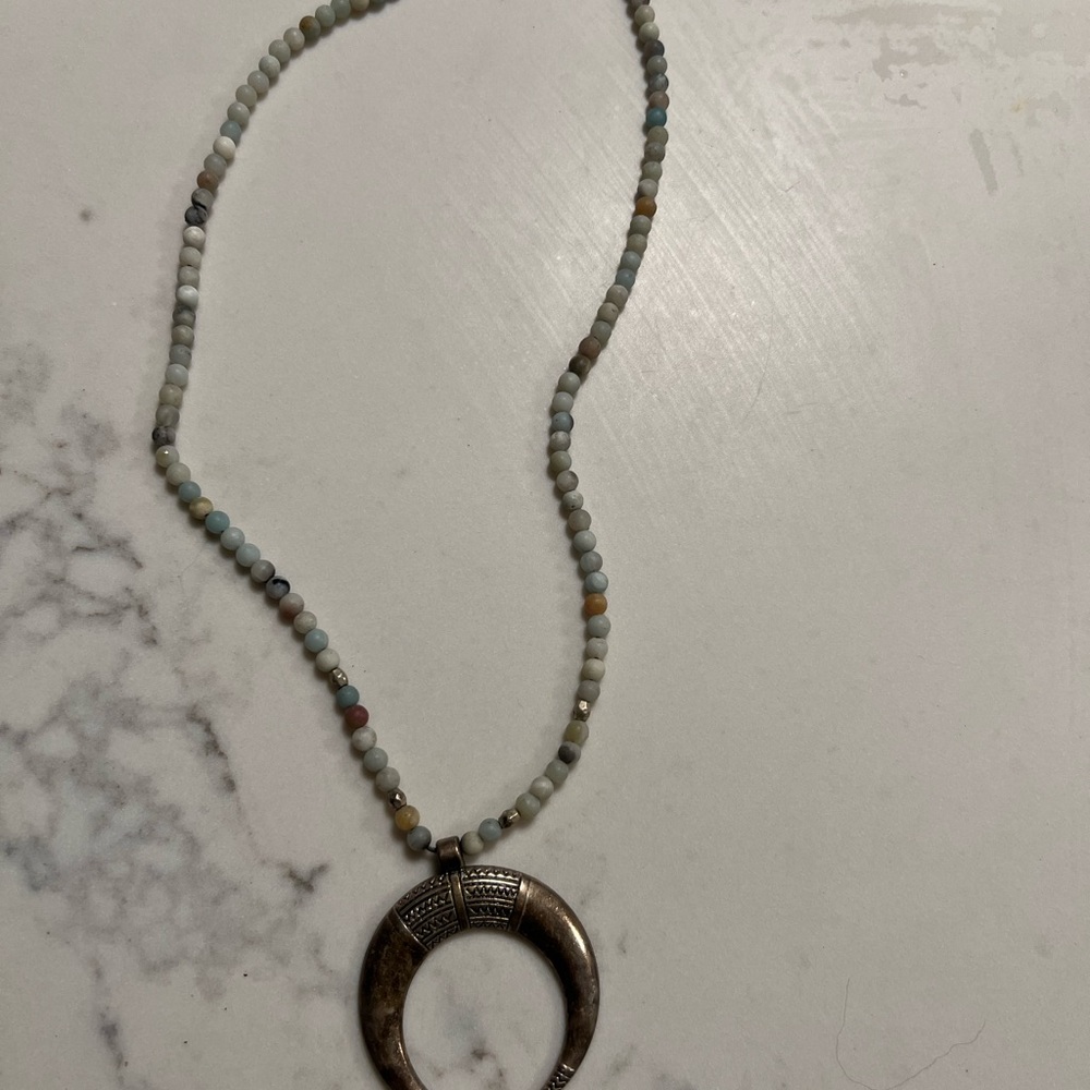Silver Crescent Pendant Beaded Necklace